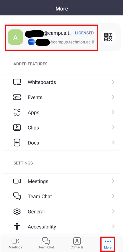 The username at the top of the page and the "More" button (bottom right) in the Zoom app are shown in red rectangles