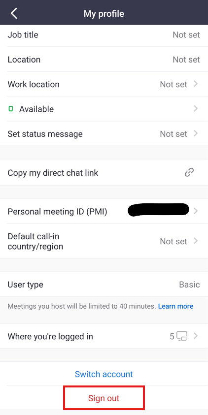 "Sign out" button is at the bottom of the "My profile" page on the Zoom app